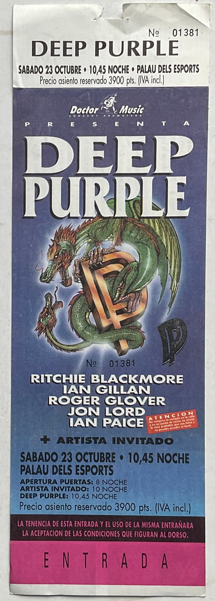 Deep Purple Original Unused Concert Ticket Palau Dels Esports Barcelona 23rd Oct 1993