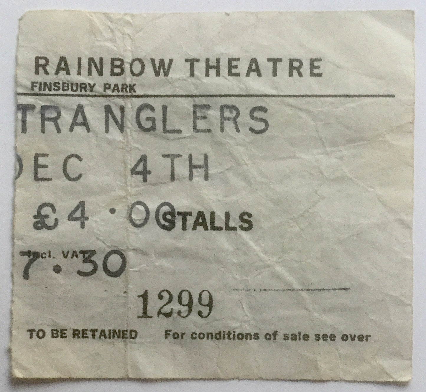 Stranglers Original Used Concert Ticket Rainbow Theatre London 4th Dec 1981