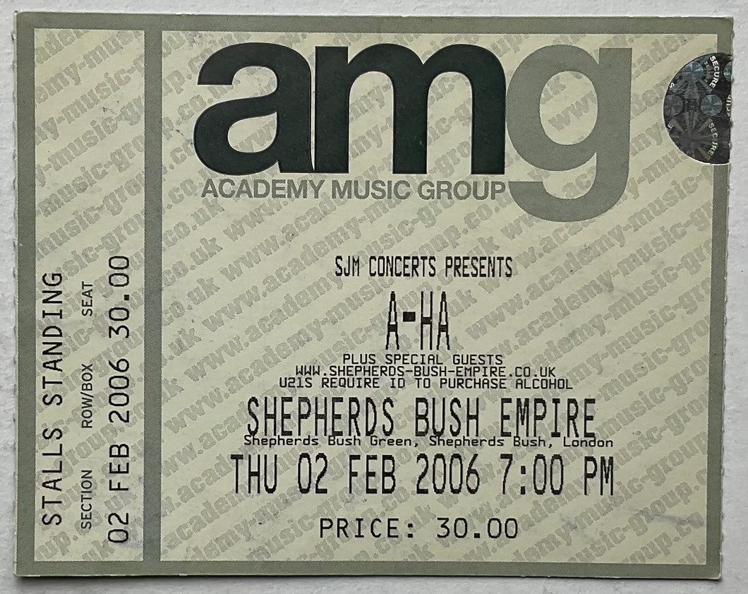 A-Ha Original Used Concert Ticket Shepherds Bush Empire London 2nd Feb 2006