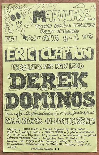 Eric Clapton Derek & the Dominos Original Concert Handbill Flyer Town Hall Torquay 1970