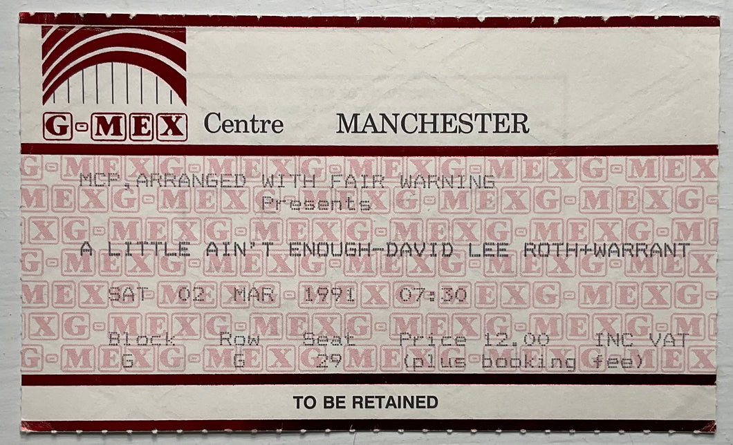 Van Halen David Lee Roth Original Used Concert Ticket GMEX Centre Manchester 2nd Mar 1991