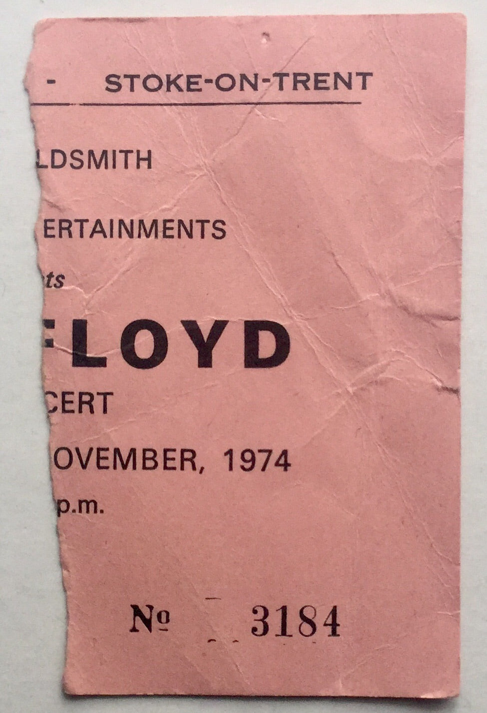 Pink Floyd Original Used Concert Ticket Trentham Gardens Stoke 19th Nov 1974