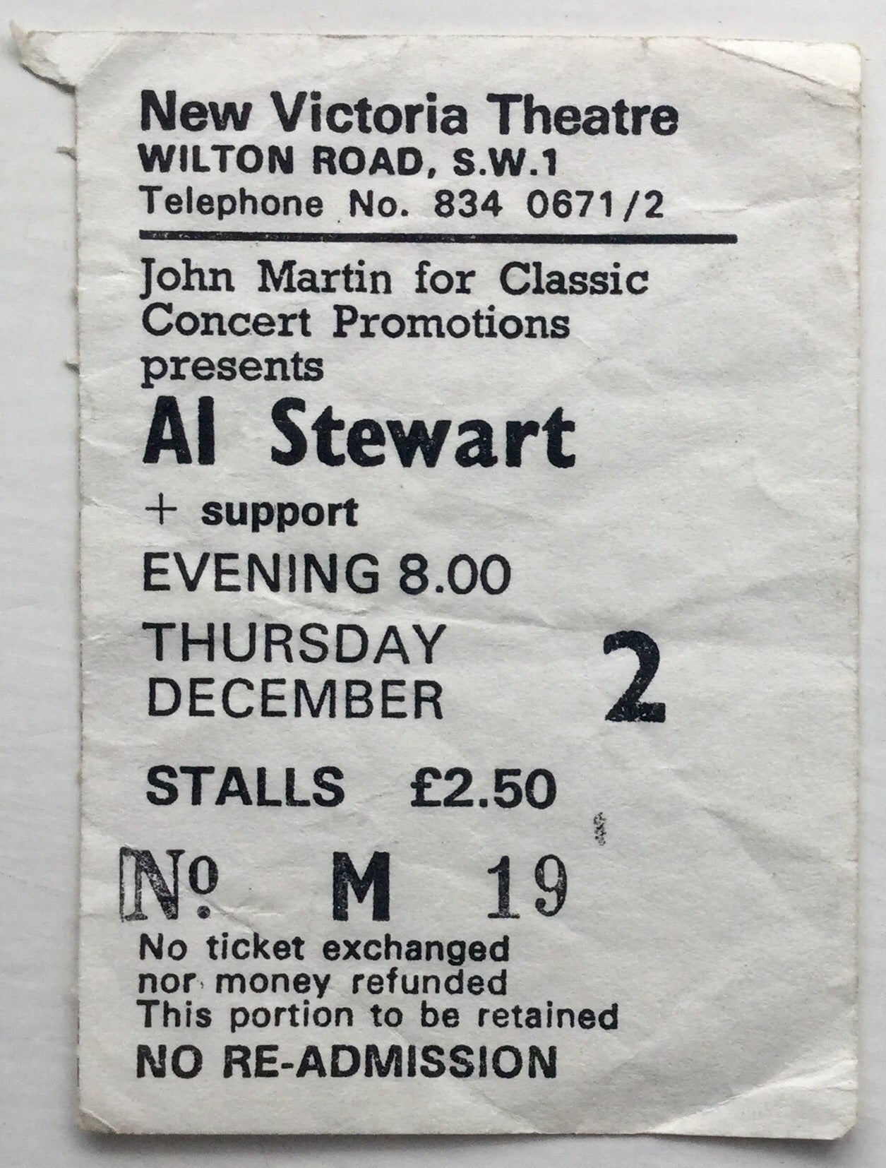 Al Stewart Original Used Concert Ticket New Victoria Theatre 2nd Dec 1976