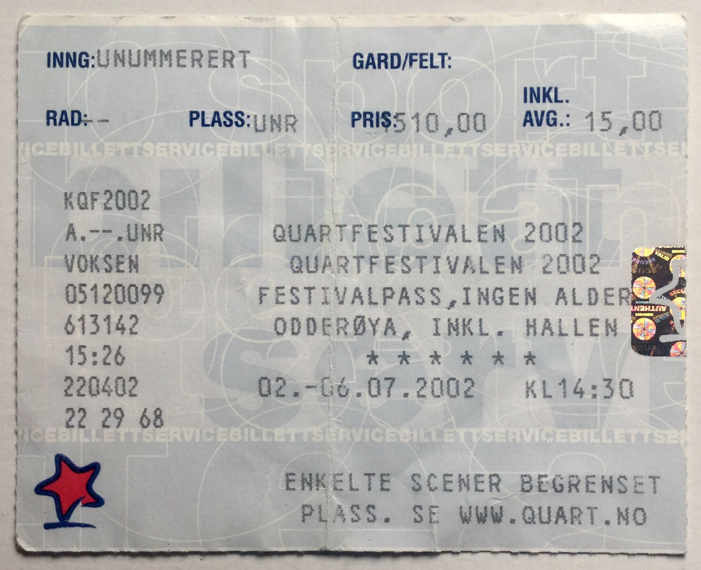 David Bowie Muse Original Used Concert Ticket Quart Festival Odderøya 3rd July 2002