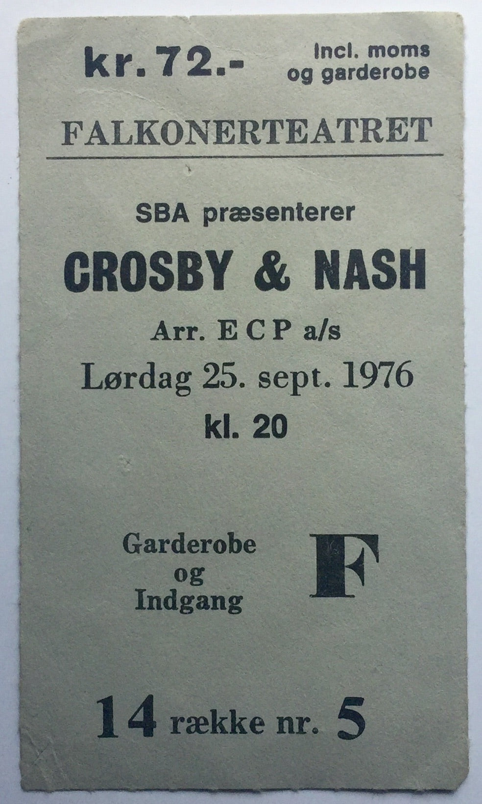 Crosby & Nash Original Used Concert Ticket Falkonert Teatret Copenhagen 25th Sept 1976