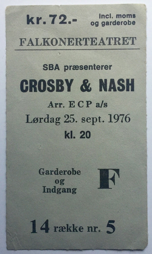 Crosby & Nash Original Used Concert Ticket Falkonert Teatret Copenhagen 25th Sept 1976