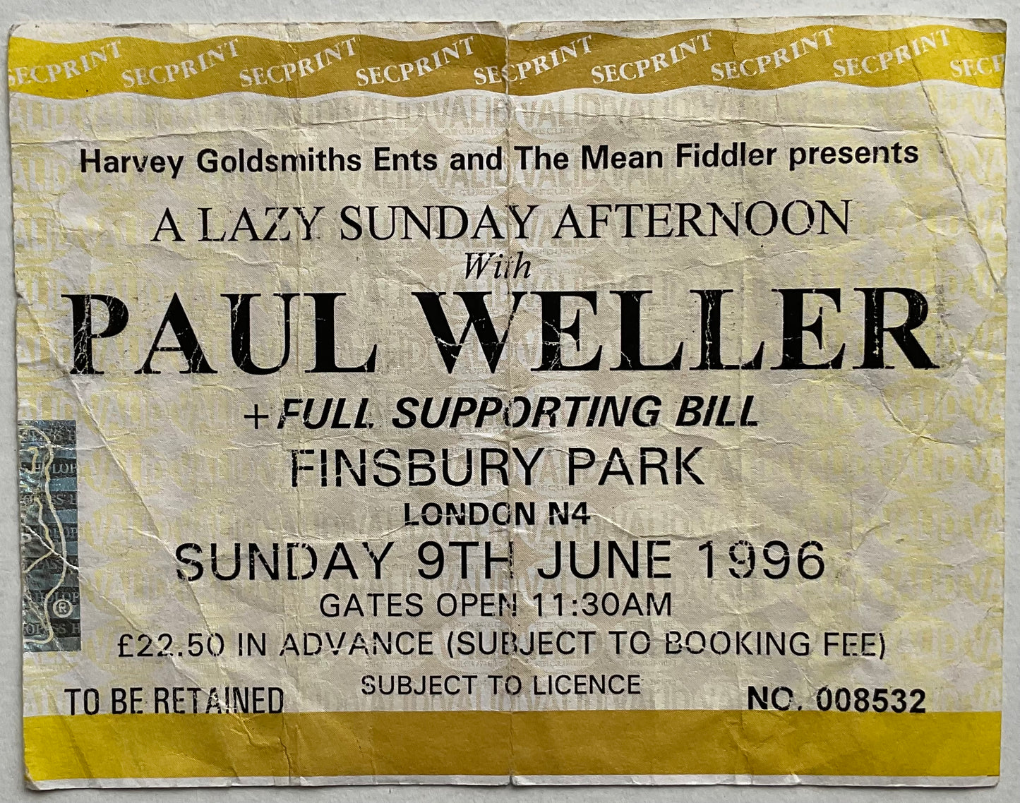 Paul Weller Original Used Concert Ticket Finsbury Park London 9th June 1996