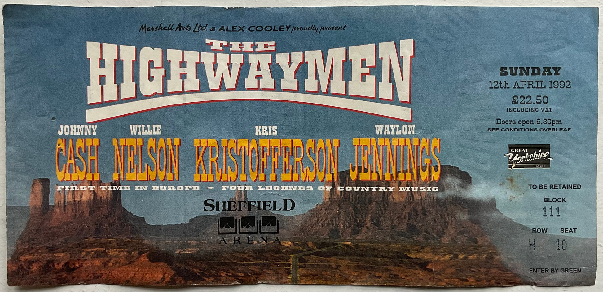 Highwaymen Johnny Cash Original Used Concert Ticket Sheffield Arena 12th Apr 1992