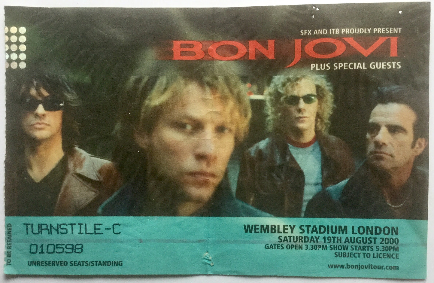 Bon Jovi Original Used Concert Ticket Wembley Stadium London 19th Aug 2000