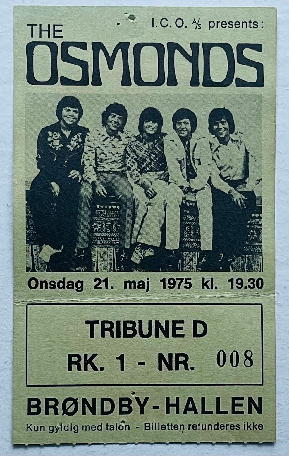 Osmond Brothers Original Used Concert Ticket Brøndby Hallen Copenhagen 21st May 1975