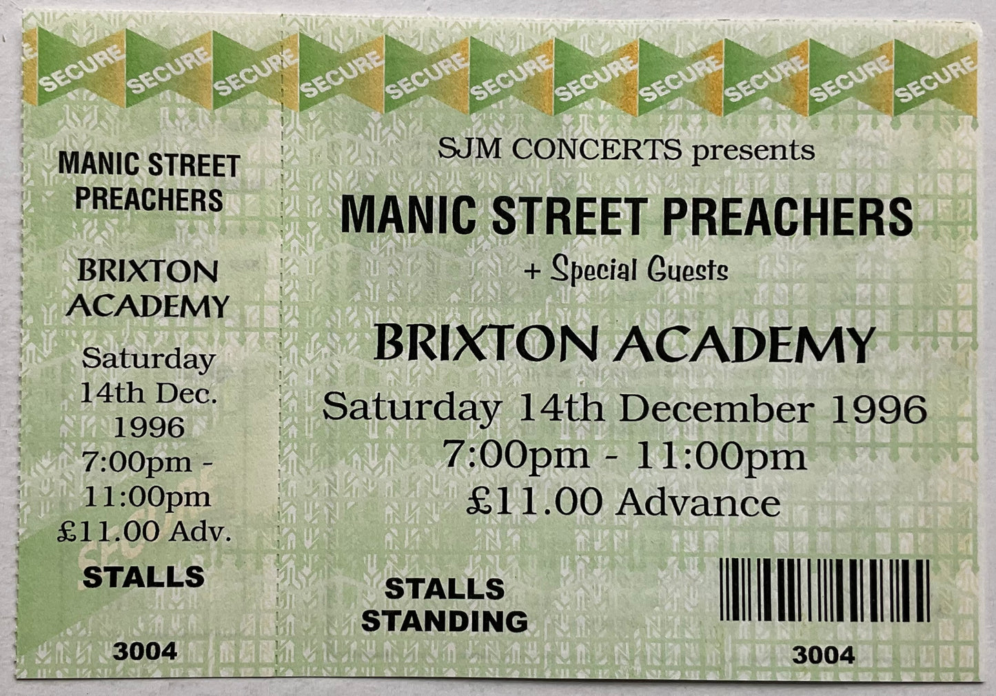 Manic Street Preachers Original Unused Concert Ticket Brixton Academy London 14th Dec 1996