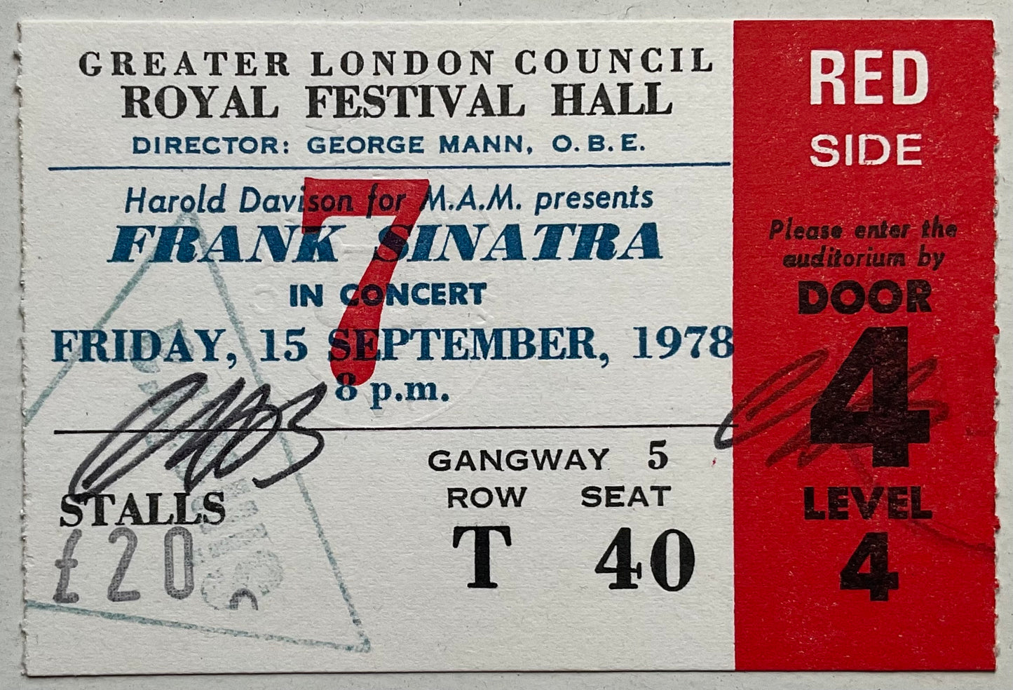 Frank Sinatra Original Used Concert Ticket Royal Festival Hall London 15th Sept 1978
