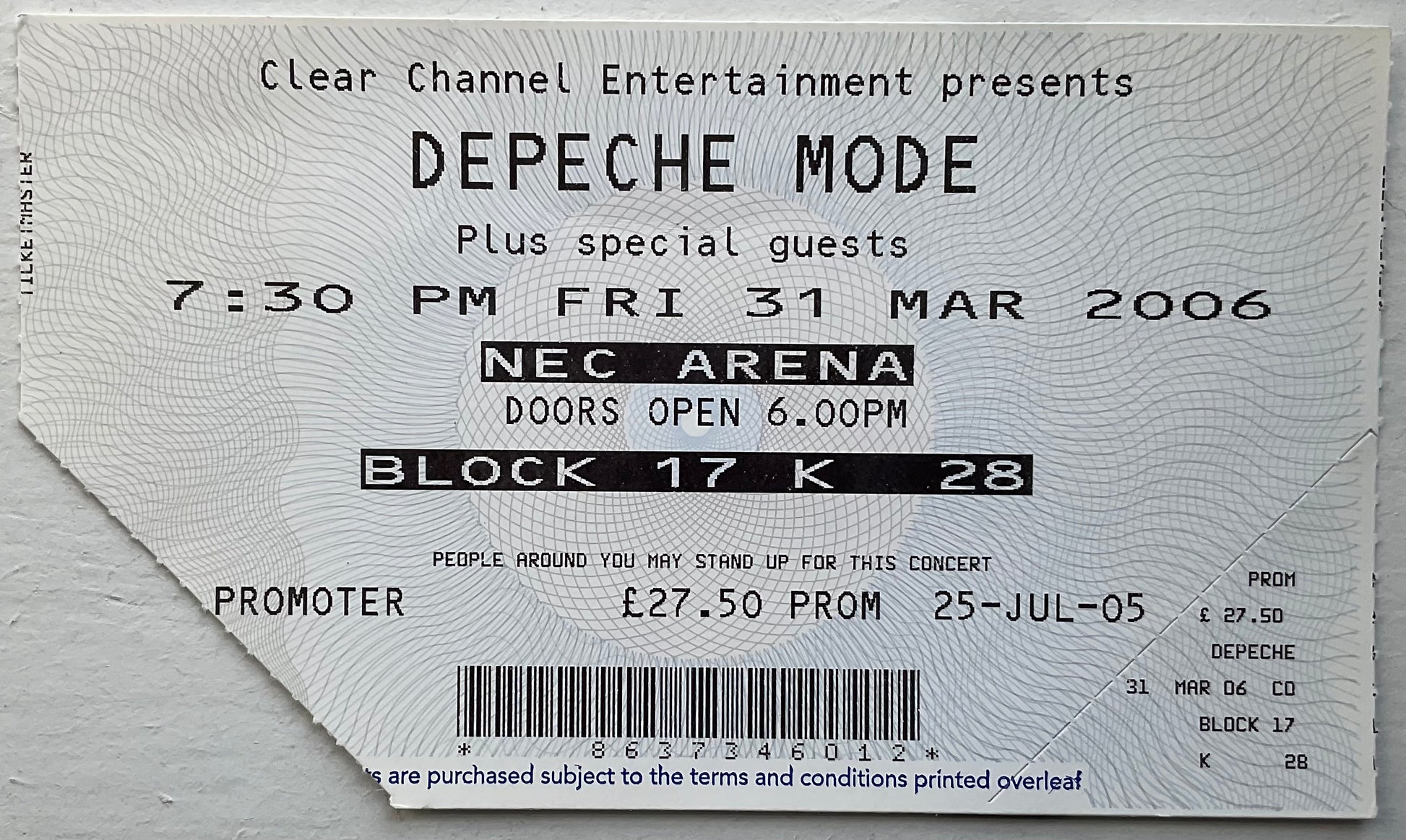Depeche Mode Original Used Concert Ticket NEC Arena Birmingham 31st Mar 2006