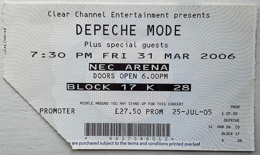 Depeche Mode Original Used Concert Ticket NEC Arena Birmingham 31st Mar 2006