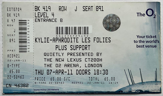 Kylie Minogue Unused Concert Ticket O2 Arena London 7th Apr 2011