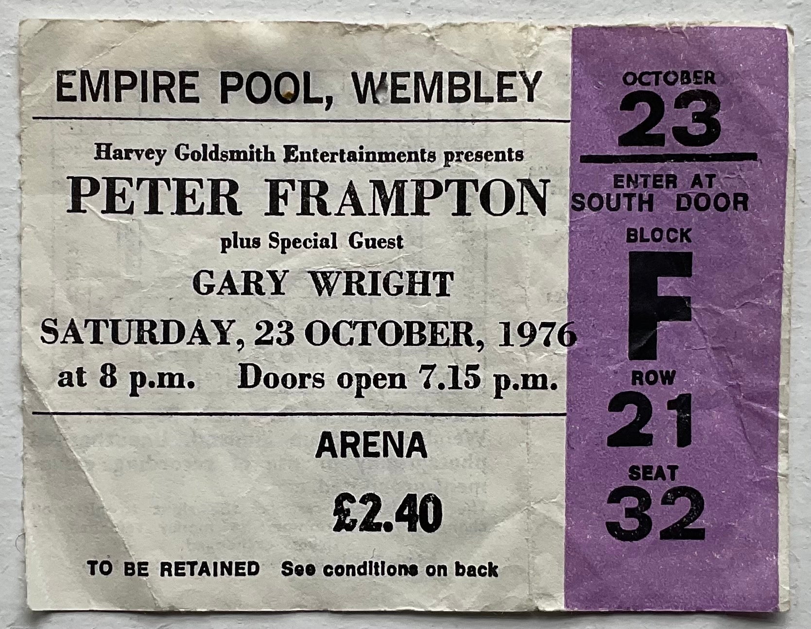 Peter Frampton Original Used Concert Ticket Empire Pool Wembley London 23rd Oct 1976