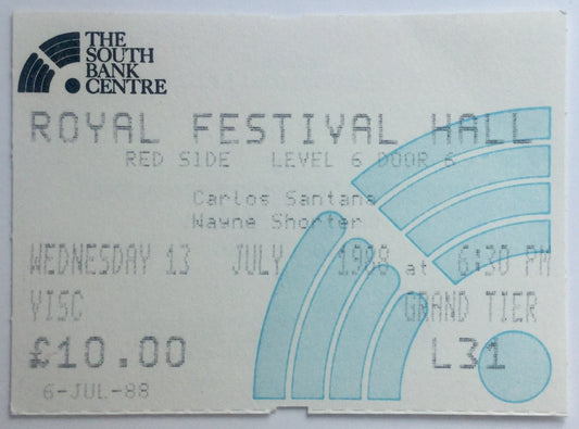 Santana Original Used Concert Ticket Royal Festival Hall London 13th July 1988