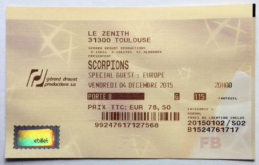 Scorpions Europe Original Used Concert Ticket Le Zenith Toulouse 4th Dec 2015