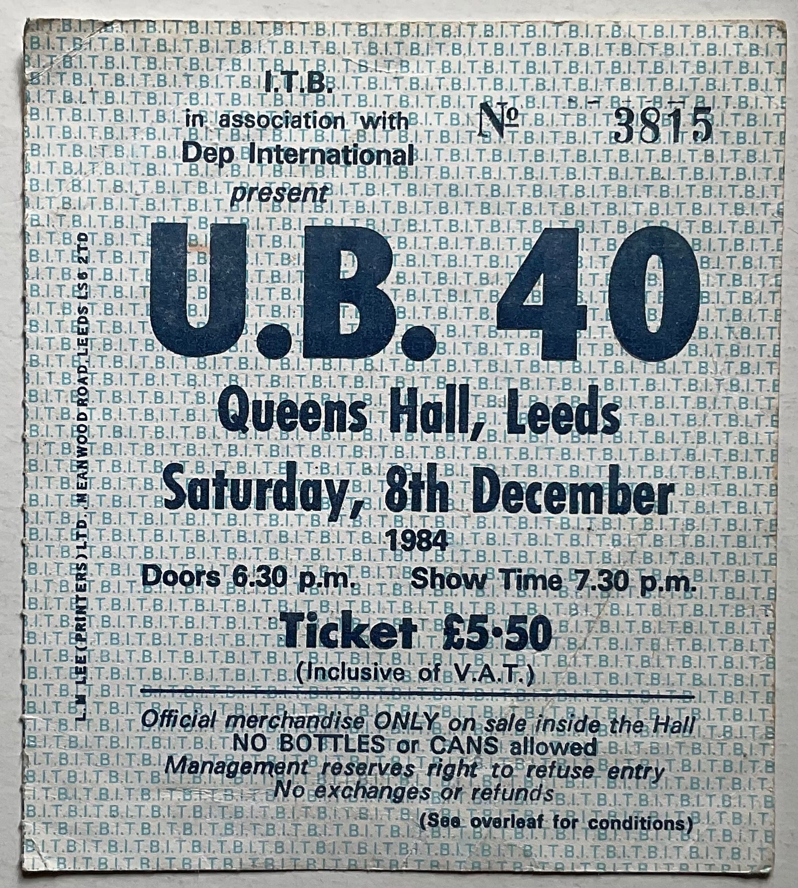UB40 U.B. 40 Original Used Concert Ticket queens Hall Leeds 8th Dec 1984