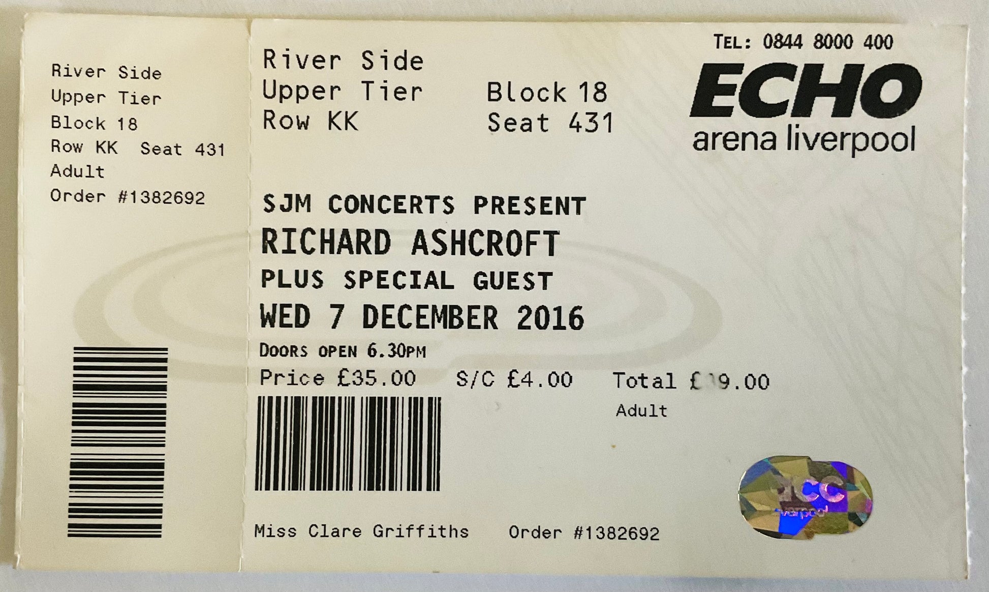 Richard Ashcroft Original Unused Concert Ticket Echo Arena Liverpool 7th Dec 2016