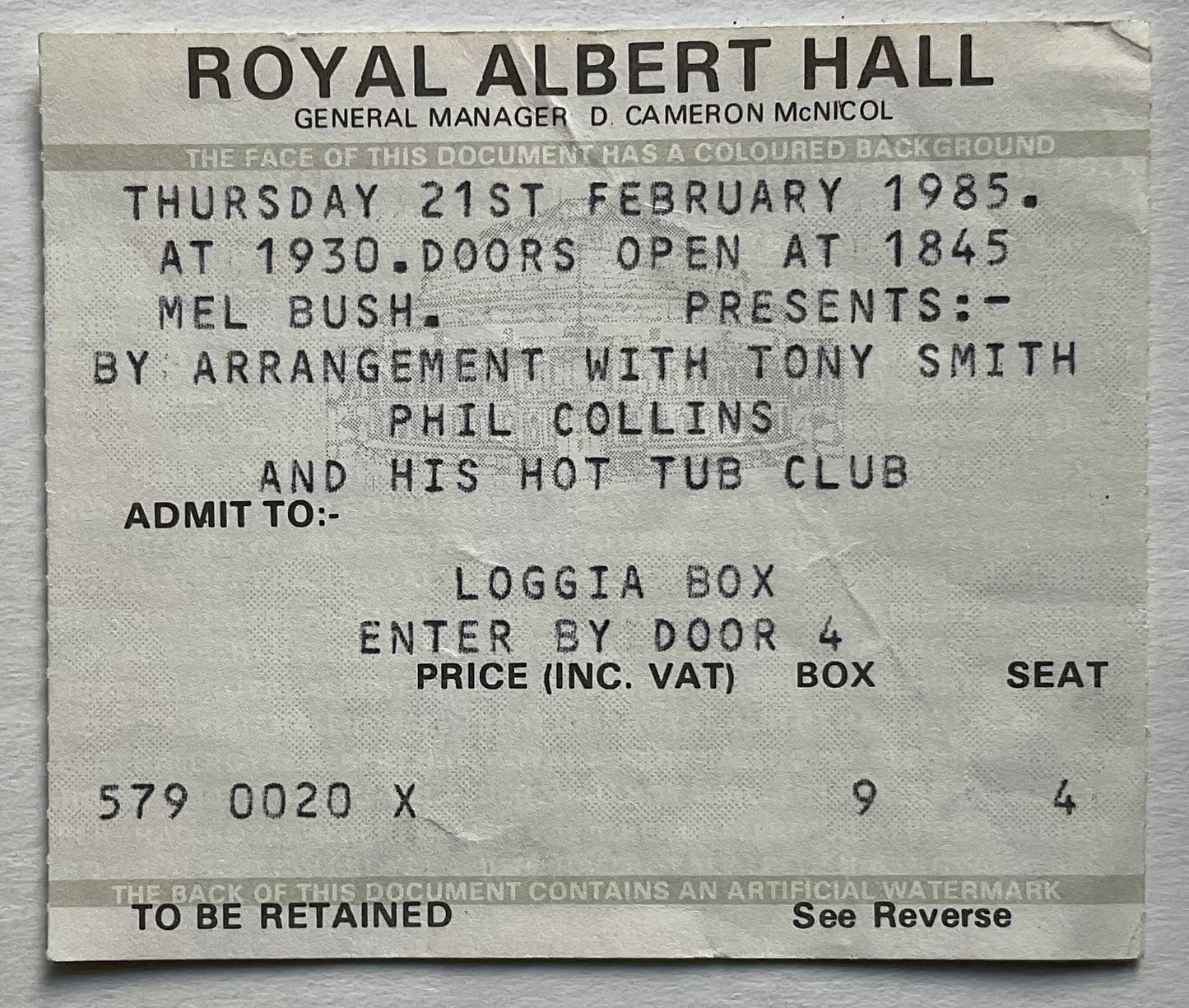 Phil Collins Original Used Concert Ticket Royal Albert Hall London 21st Feb 1985