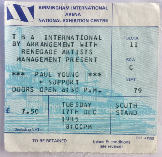 Paul Young Original Used Concert Ticket NEC Arena Birmingham 17th Dec 1985