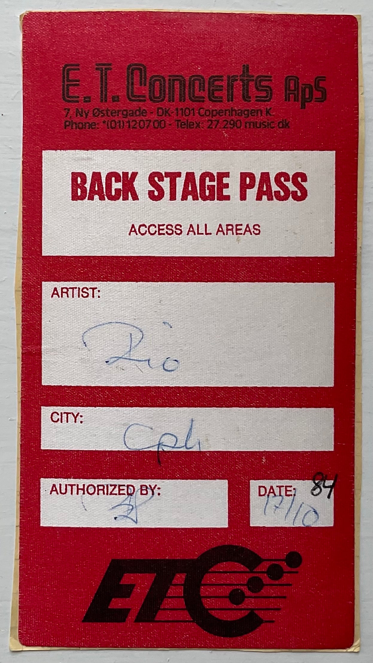 Dio Original Used Concert Backstage Pass Ticket Falkoner Salen Copenhagen 17th Oct 1984