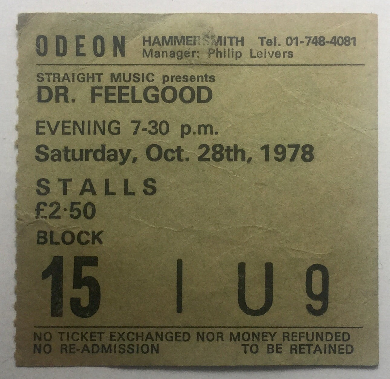 Dr Feelgood Original Used Concert Ticket Hammersmith Odeon London 28th Oct 1978