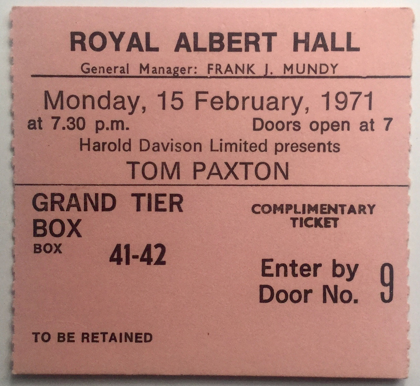 Tom Paxton Original Used Concert Royal Albert Hall London 15th Feb 1971