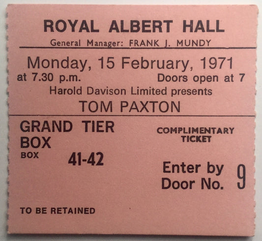 Tom Paxton Original Used Concert Royal Albert Hall London 15th Feb 1971