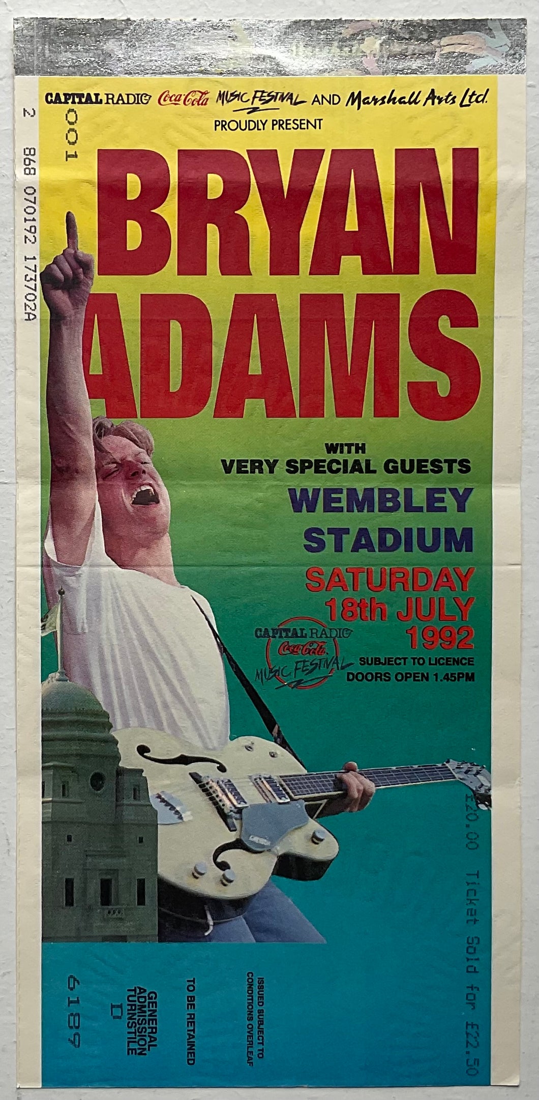 Bryan Adams Original Used Concert Ticket Wembley Stadium London 18th Jul 1992