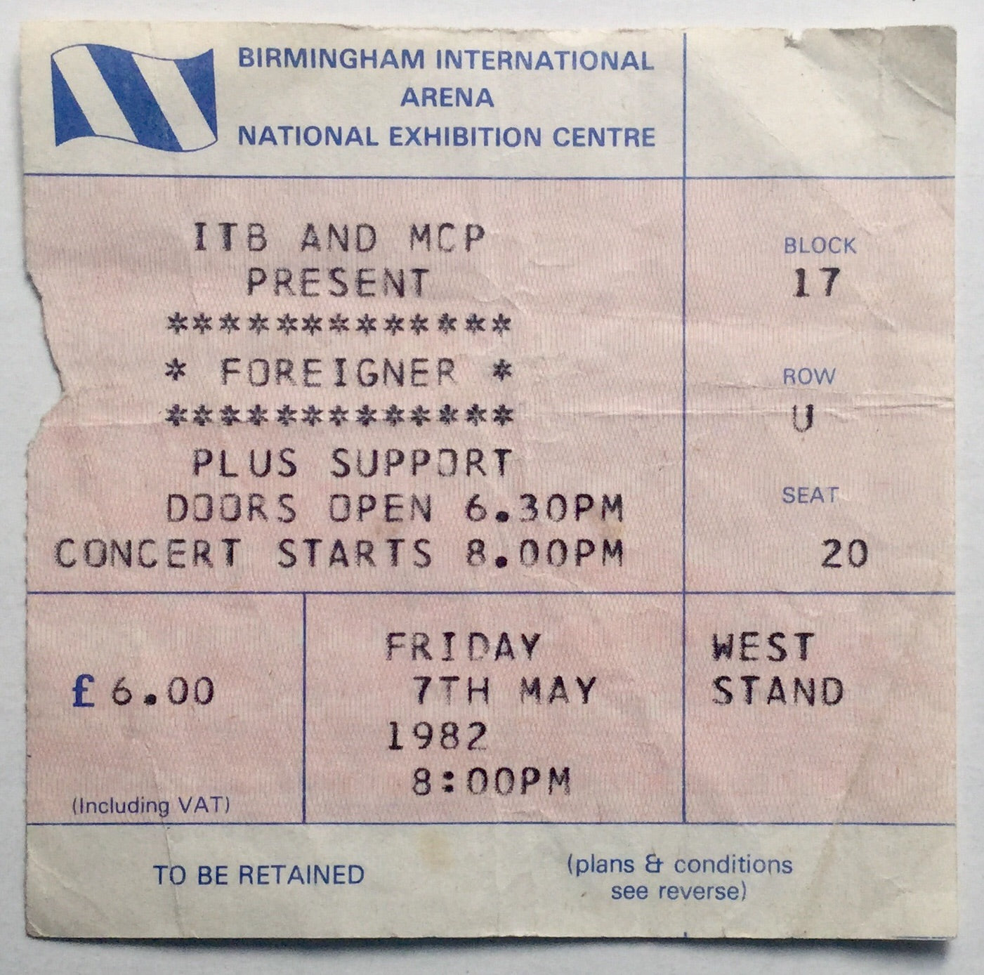 Foreigner Original Used Concert Ticket NEC Birmingham 7th May 1982