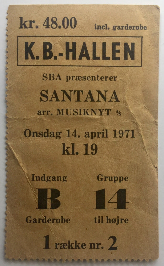 Santana Original Concert Ticket KB Hallen Copenhagen 14th Apr 1971