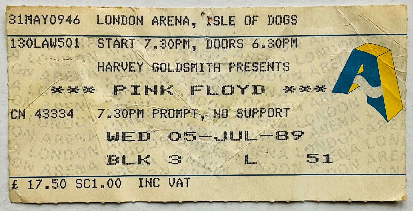 Pink Floyd Original Used Concert Ticket London Arena 5th July 1989