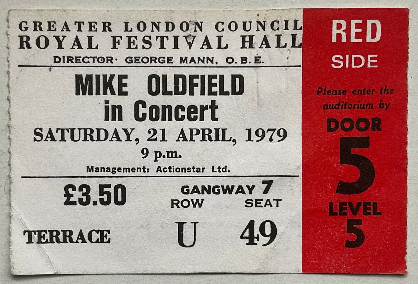 Mike Oldfield Original Used Concert Ticket Royal Festival Hall London 21st Apr 1979