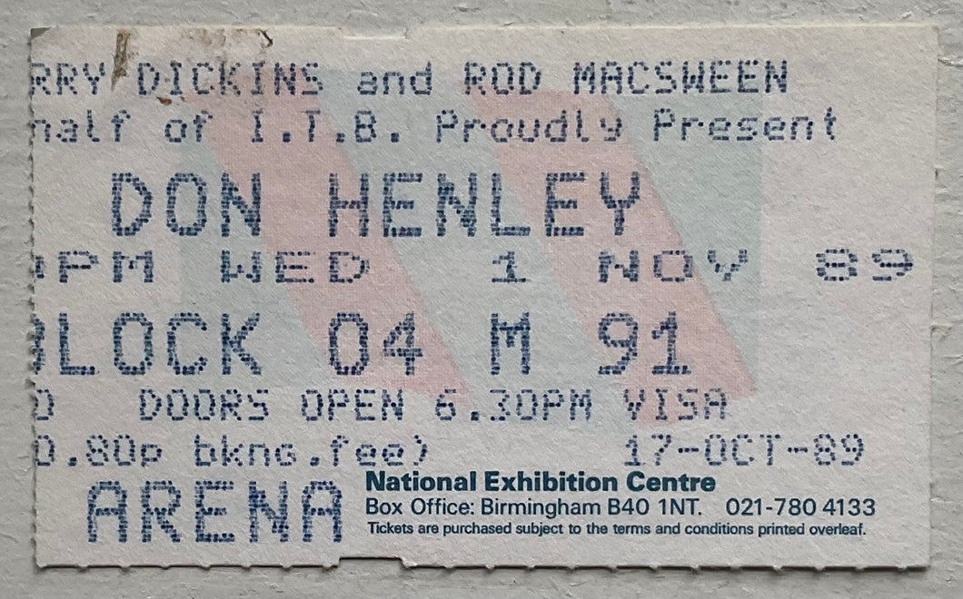 Eagles Don Henley Original Used Concert Ticket NEC Arena Birmingham 1st Nov 1989