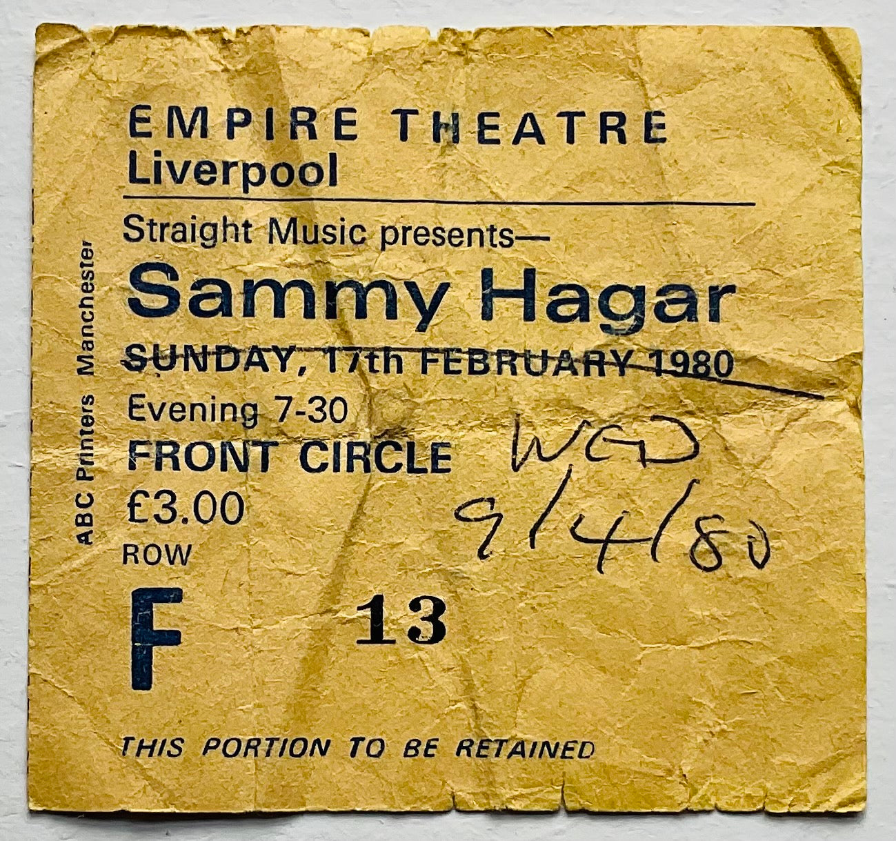 Sammy Hagar Original Used Concert Ticket Empire Theatre Liverpool 9th Apr 1980