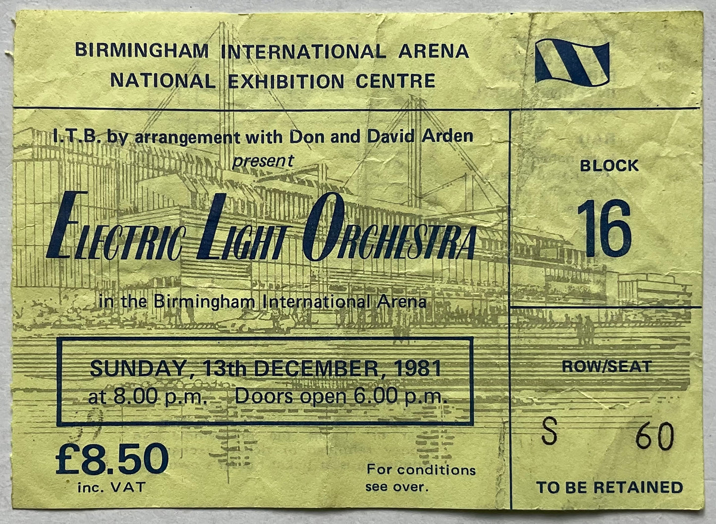 Electric Light Orchestra ELO Original Used Concert Ticket NEC Birmingham 13th Dec 1981