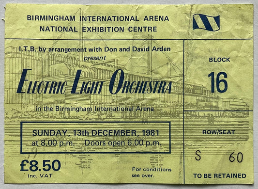 Electric Light Orchestra ELO Original Used Concert Ticket NEC Birmingham 13th Dec 1981