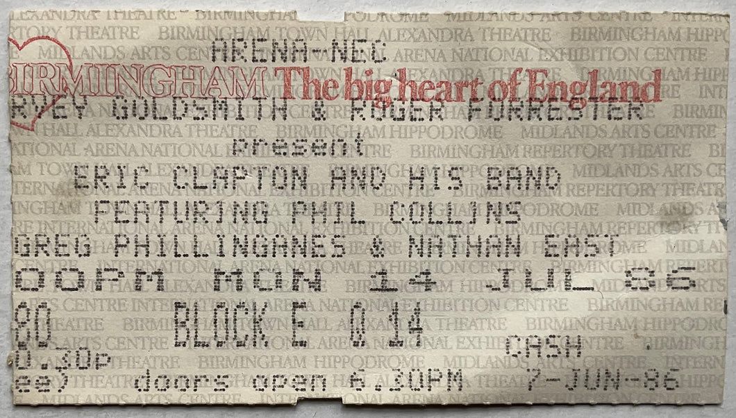 Eric Clapton Phil Collins Original Used Concert Ticket NEC Arena Birmingham 14th Jul 1986
