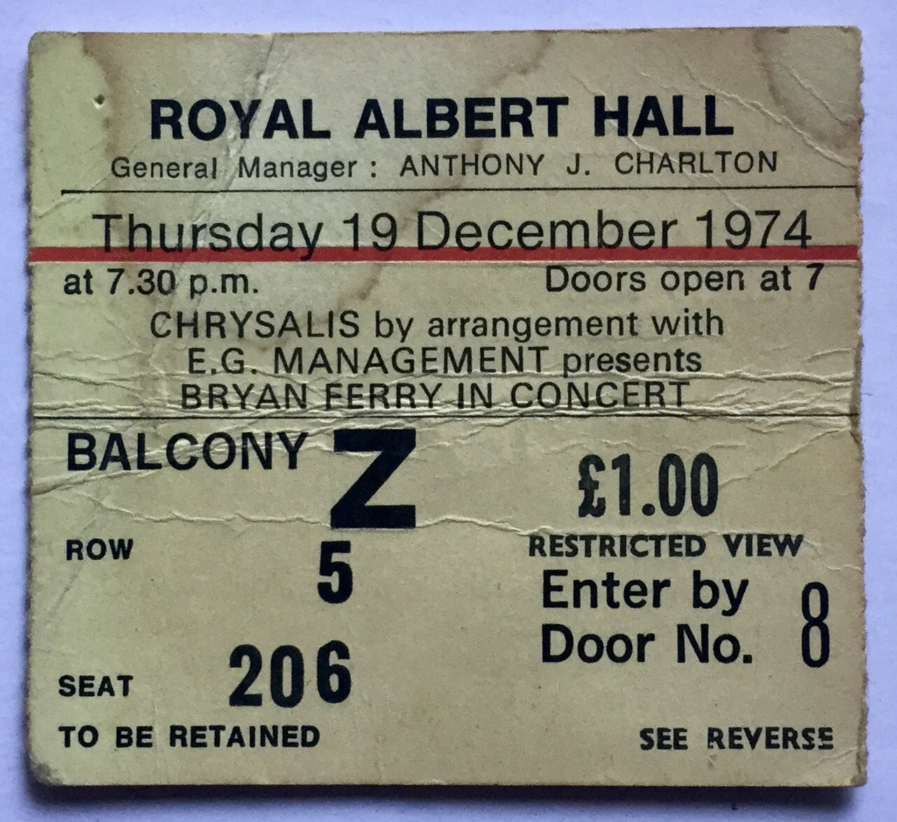 Roxy Music Bryan Ferry Original Used Concert Ticket Royal Albert Hall London 1974