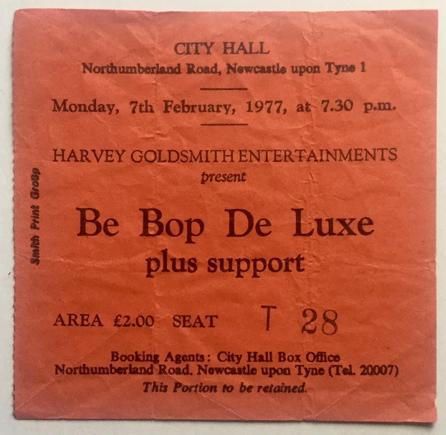 Be Bop Deluxe Original Used Concert Ticket City Hall Newcastle 7th Feb 1977