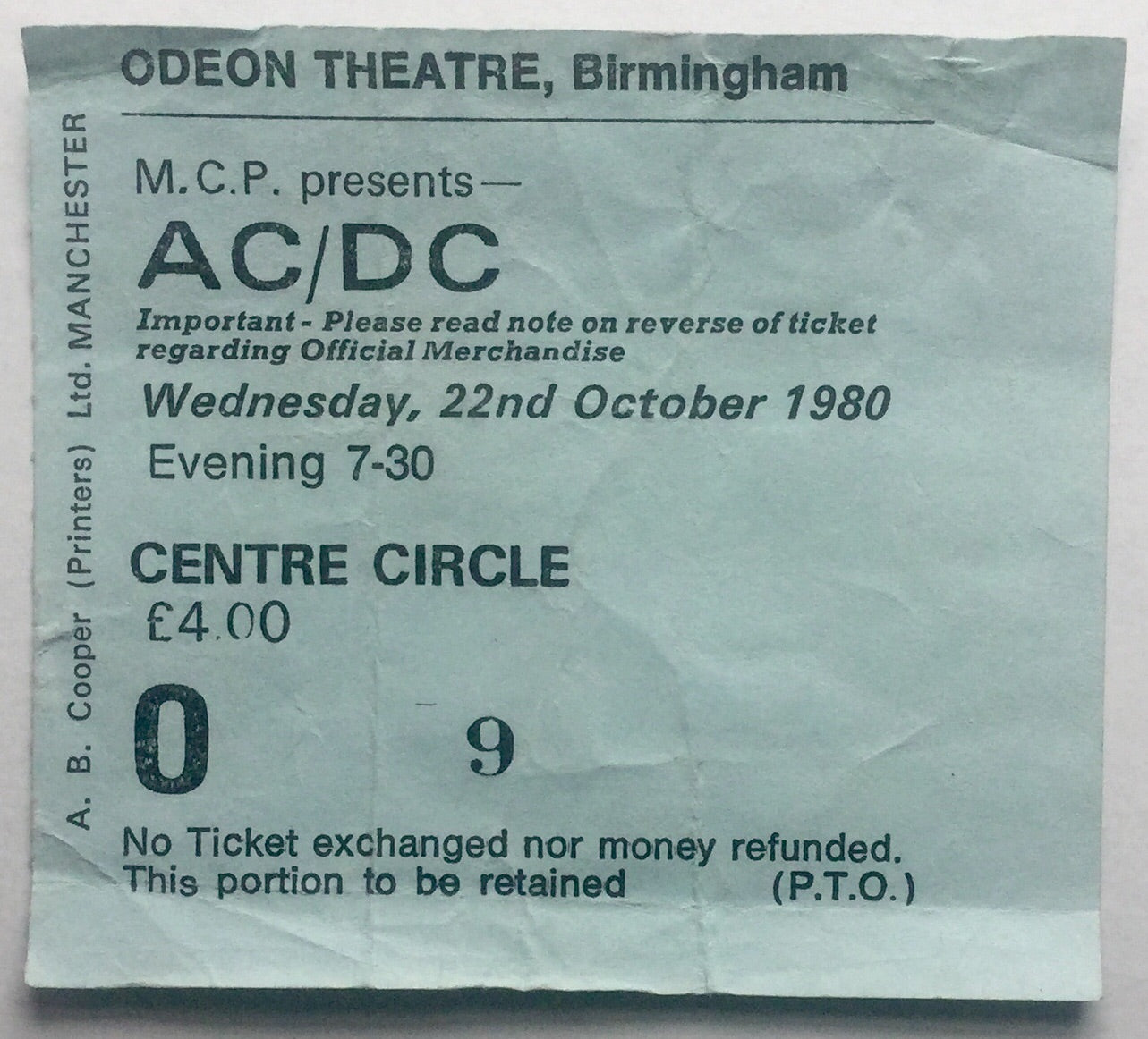 AC/DC Original Used Concert Ticket Odeon Theatre Birmingham 22nd Oct 1980