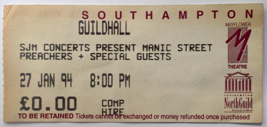 Manic Street Preachers Original Used Concert Ticket Southampton Guildhall 27th Jan 1994