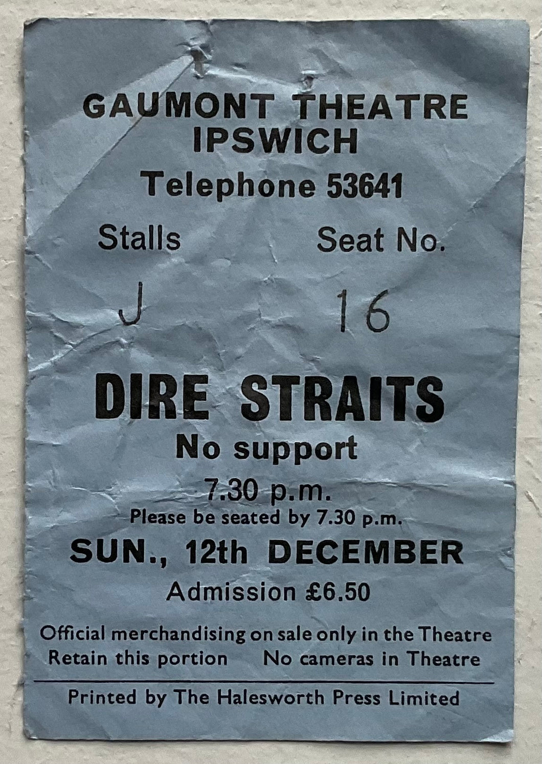 Dire Straits Original Used Concert Ticket Gaumont Theatre Ipswich 12th Dec 1982