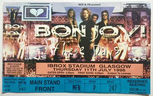 Bon Jovi Original Unused Concert Ticket Ibrox Stadium Glasgow 11th July 1996