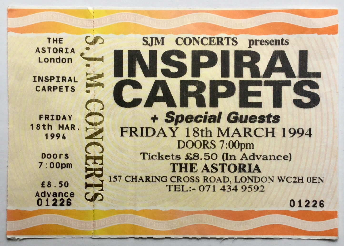 Inspiral Carpets Original Unused Concert Ticket Astoria London 18th Mar 1994