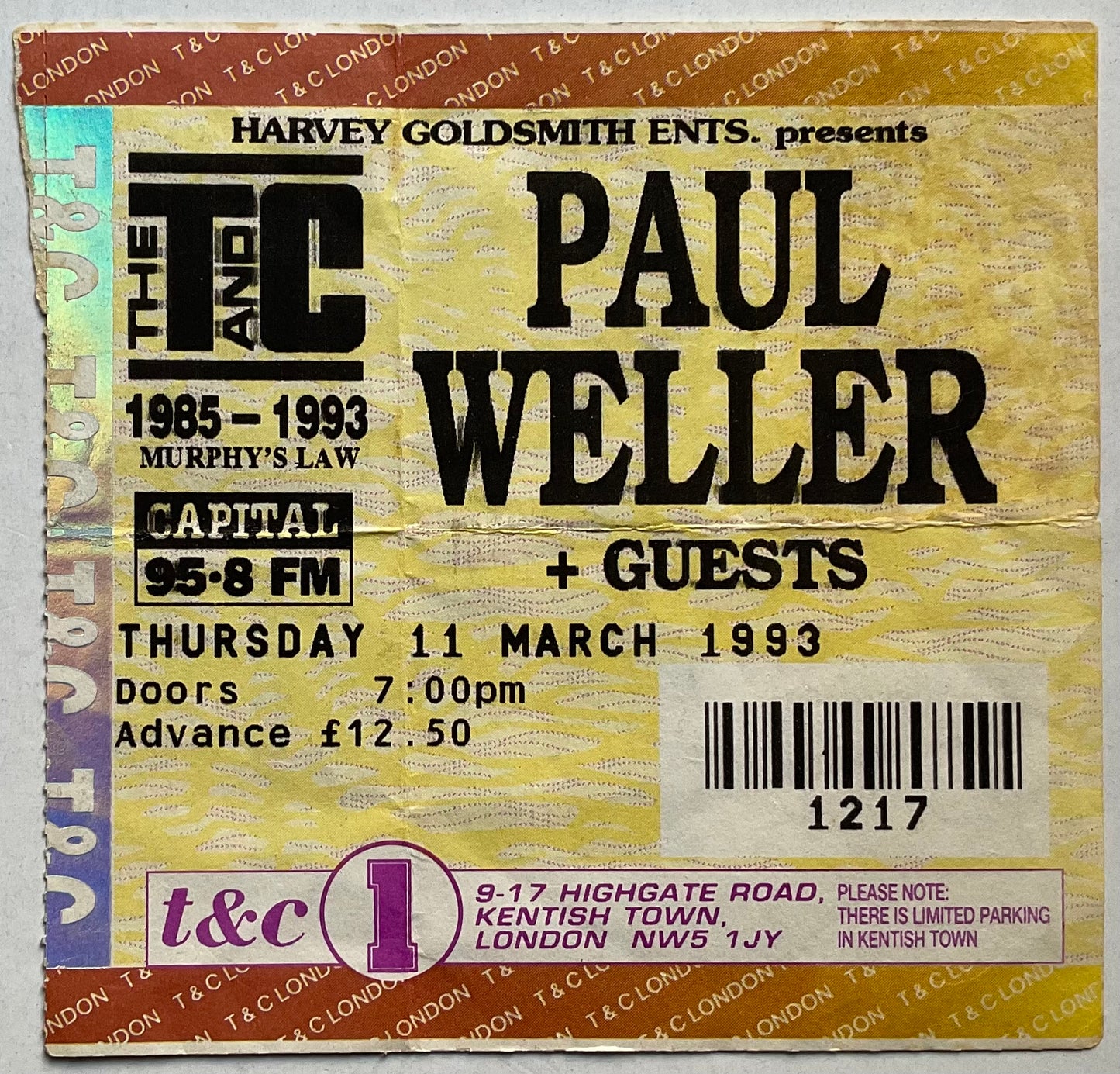 Paul Weller Original Used Concert Ticket Town & Country Club London 11th Mar 1993