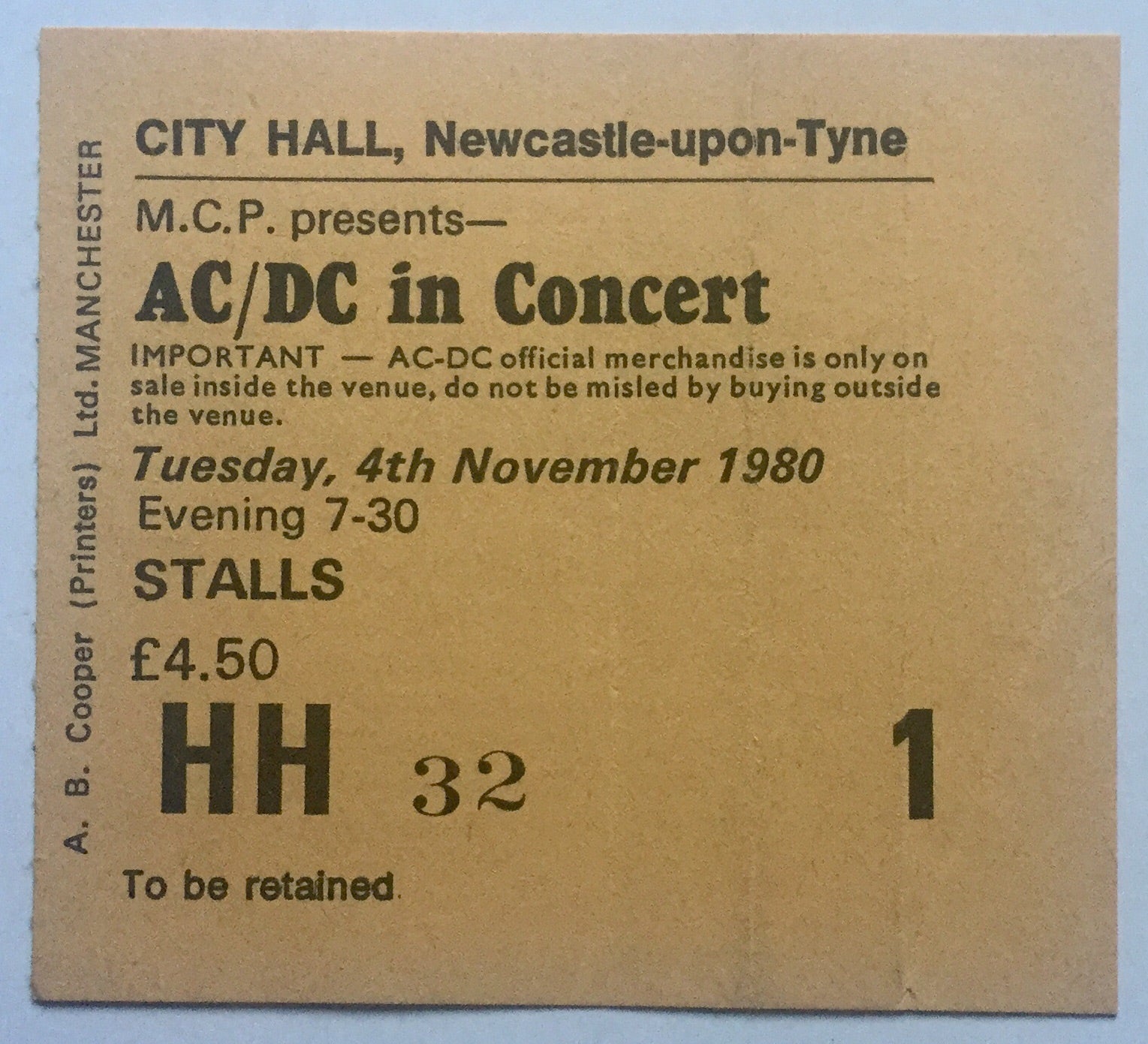 AC/DC Original Used Concert Ticket City Hall Newcastle 4th Nov 1980