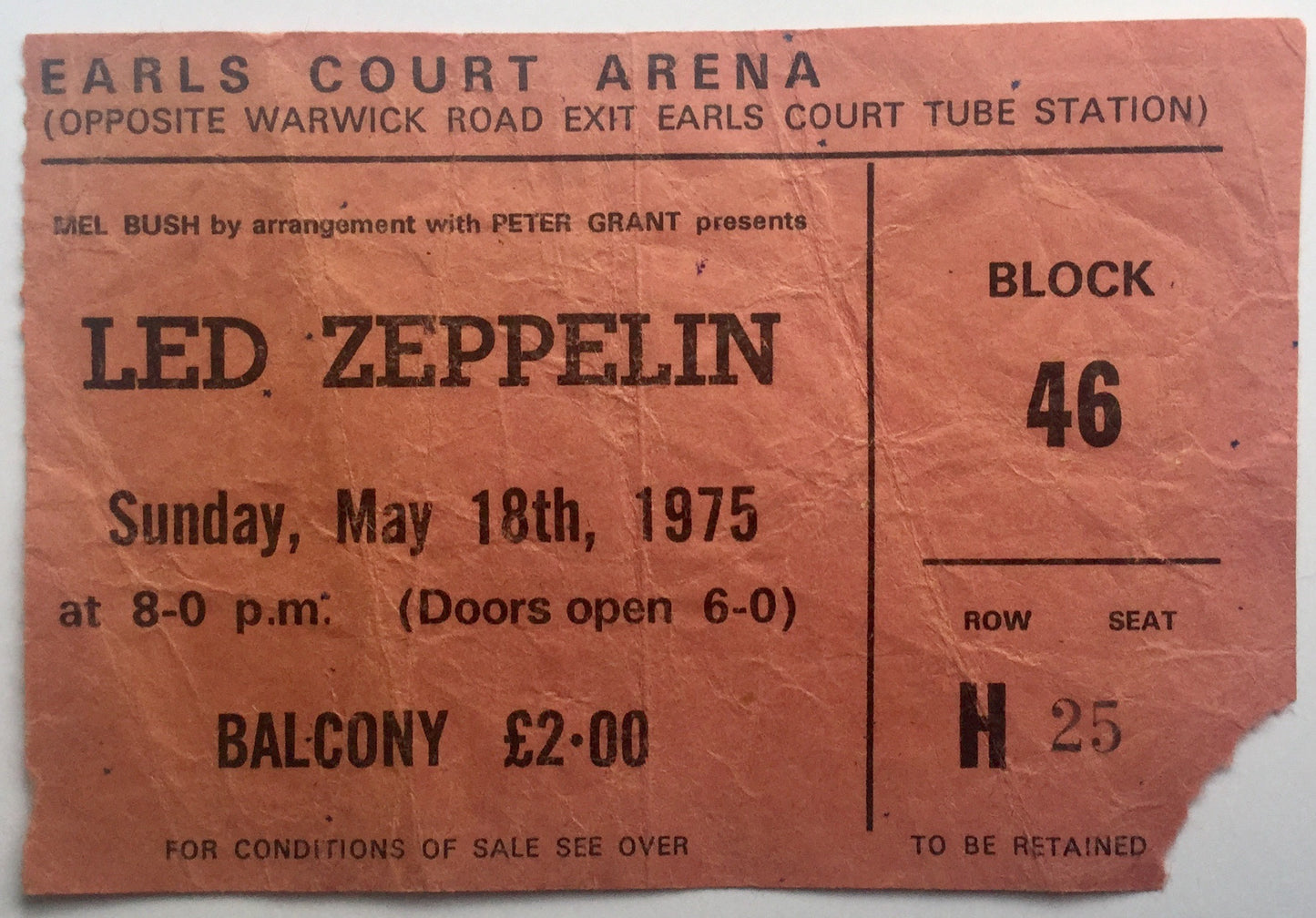Led Zeppelin Original Used Concert Ticket Earls Court Arena London 18th May 1975